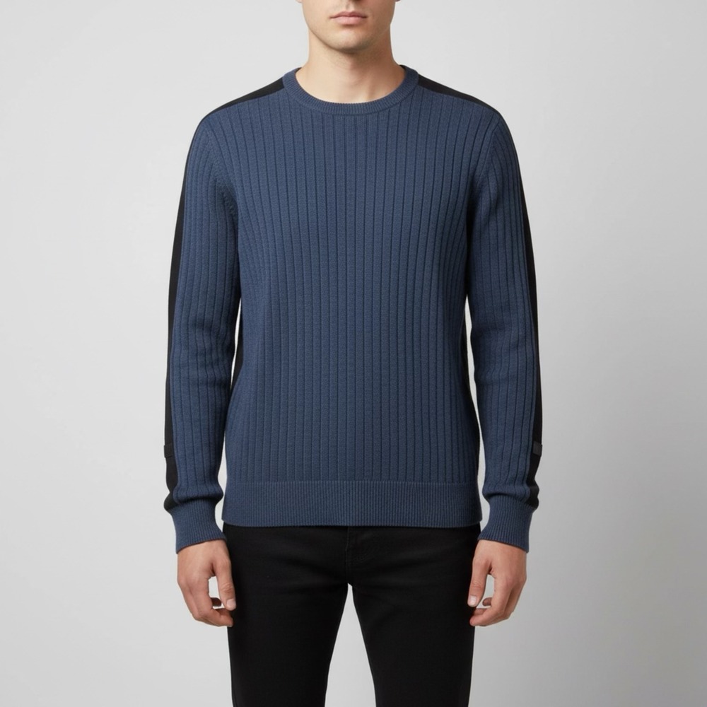 Calvin Klein Jeans Mens Blue Ribbed Cotton Crewneck Sweater Black Stripe‎ Size M